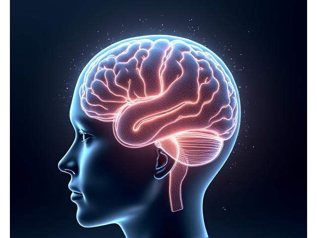 A futuristic, clean graphic representation of a healthy brain with glowing neural connections