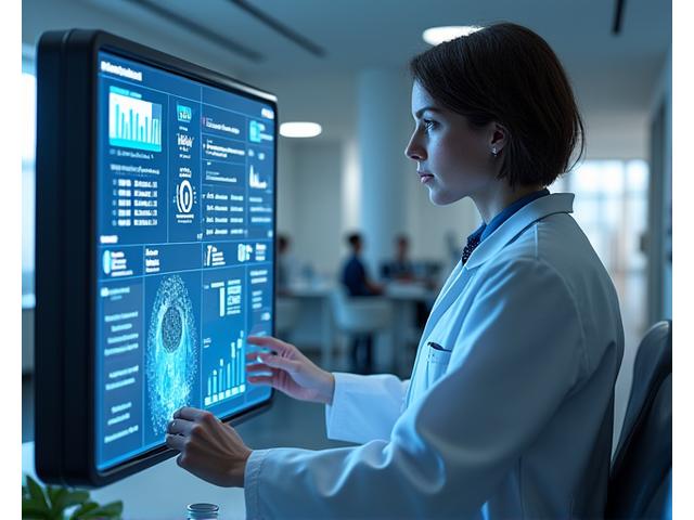 Medical professional reviewing a digital health dashboard with charts and graphs