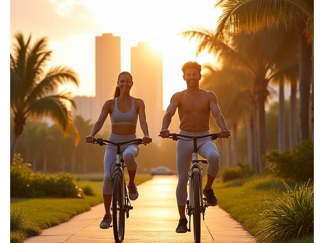 Healthy active couple enjoying a sunny day in Miami, perhaps cycling or doing yoga outdoors