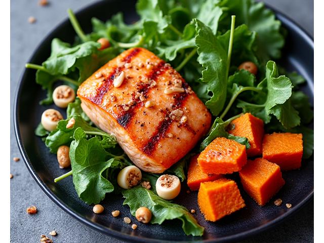 A balanced plate of food optimized for longevity, featuring fresh vegetables, lean protein, and healthy fats.